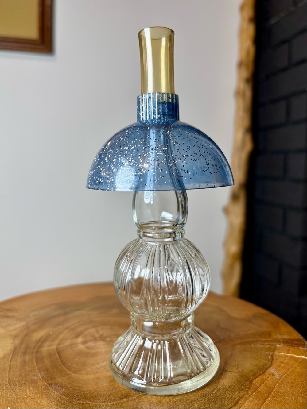 Vintage 1950’s miniature oil lamp perfume bottle blue glitter shade